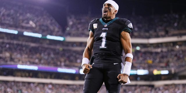 Jalen Hurts #1 of the Philadelphia Eagles reacts in the end zone before the game against the Green Bay Packers at Lincoln Financial Field on November 27, 2022 in Philadelphia, Pennsylvania. 