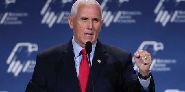 Former Vice President Mike Pence speaks at the annual leadership meeting of the Republican Jewish Coalition, Friday, Nov. 18, 2022, in Las Vegas.