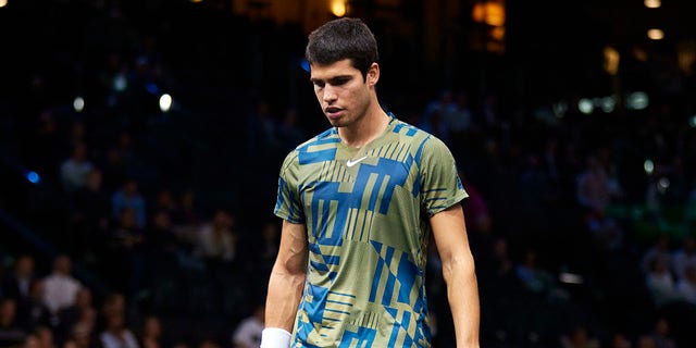 Carlos Alcaraz of Spain against Holger Vitus Nodskov Rune of Denmark in the quarterfinals of the Rolex Paris Masters Nov. 4, 2022, in Paris. 