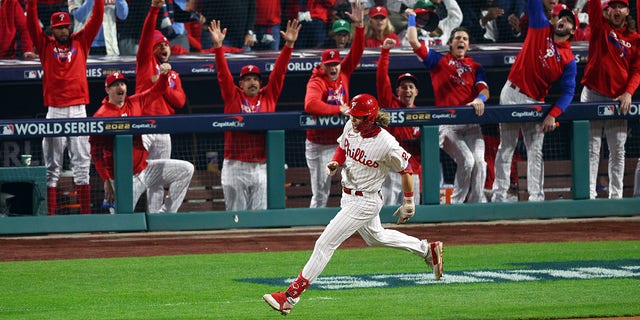 Alec Bohm #28 of the Philadelphia Phillies rounds the bases after hitting a home run against the Houston Astros during the second inning in Game Three of the 2022 World Series at Citizens Bank Park on November 01, 2022 in Philadelphia, Pennsylvania. 