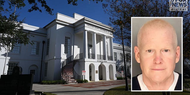 A booking photo of Alex Murdaugh, 54, embedded in an image of the Colleton County Courthouse where Alex Murdaugh will stand trial for the murder of his wife Maggie and son Paul early next year.