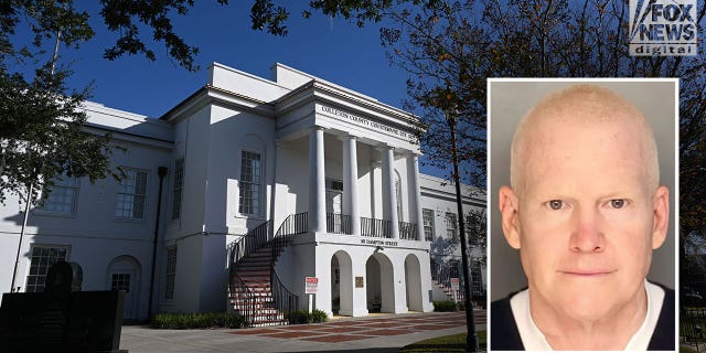 A booking photo of Alex Murdaugh, 54, embedded in an image of the Colleton County Courthouse, where Alex Murdaugh will stand trial on charges that he murdered his wife, Maggie, and son, Paul, early next year.