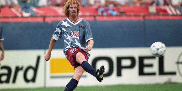 Alexi Lalas in action against Switzerland during a group stage match at the Pontiac Silverdome in Pontiac, Michigan on June 18, 1994.   