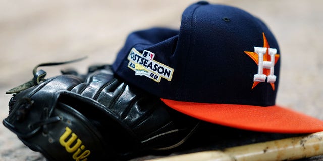 A detail shot of the Postseason logo on the hat of a Houston Astros player during batting practice the game between the Seattle Mariners and the Houston Astros at Minute Maid Park on Tuesday, October 11, 2022 in Houston, Texas.
