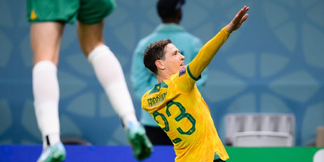Craig Goodwin of Australia celebrates after scoring his team's first goal during the FIFA World Cup Qatar 2022 Group D match between France and Australia at Al Janoub Stadium Nov. 22, 2022, in Al Wakrah, Qatar.