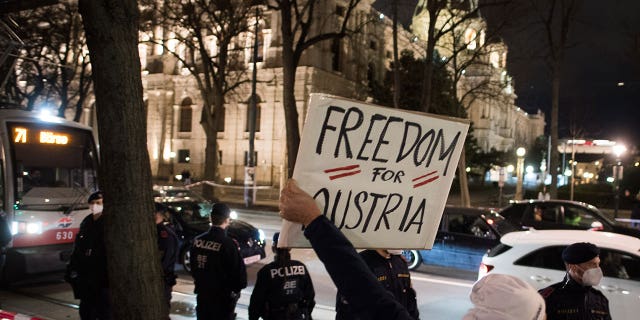 COVID vaccine opponents are wearing symbols to compare themselves as Jews during the Holocaust. Pictured: Protestors against coronavirus lockdown measures and vaccination cheer on Feb. 11, 2022, in Vienna, Austria.