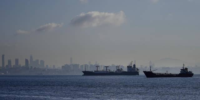 Cargo ships anchored in the Marmara Sea await to cross the Bosporus Straits in Istanbul, Turkey, Tuesday, Nov. 1, 2022.