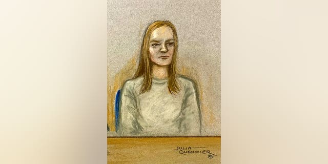 A court sketch shows Lucy Letby at Warrington Magistrates' Court via videolink on Nov. 12, 2020. The neonatal nurse is accused of murdering seven babies and the attempted murder of 10 more.