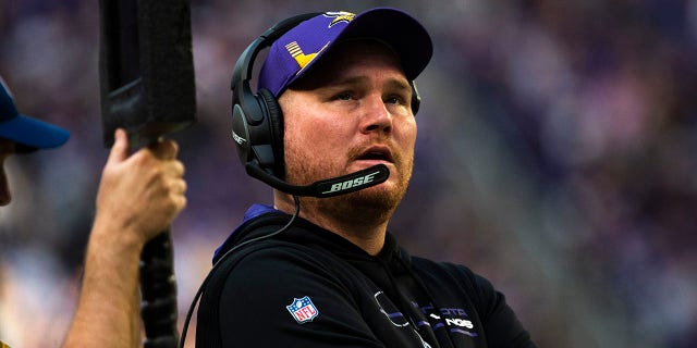 Minnesota Vikings co-defensive coordinator Adam Zimmer stands on the sidelines in the second quarter of the game against the Chicago Bears at U.S. Bank Stadium on Jan. 9, 2022 in Minneapolis.