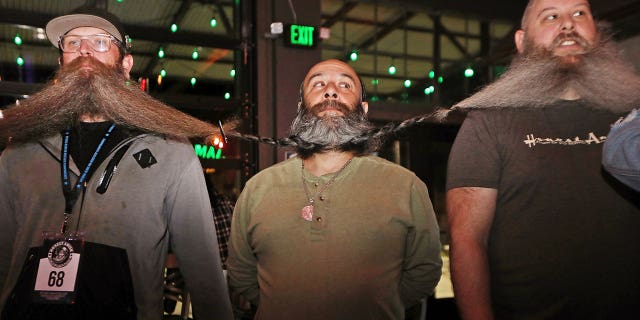 Men stand alongside each other with their beards clipped together in an attempt to break the world’s longest beard chain in the Guinness Book of World Records on Nov. 11, 2022, in Wyoming.