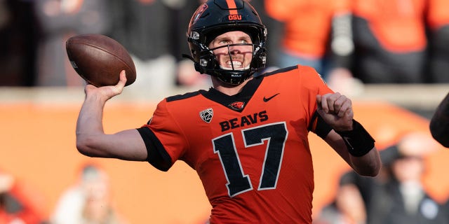 Oregon State Beavers quarterback Ben Gulbranson #17 prepares to throw the ball during the first half of the game against the Oregon Ducks at Reser Stadium on November 26, 2022 in Corvallis, Oregon.