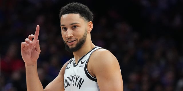 Ben Simmons #10 of the Brooklyn Nets reacts during the game against the Philadelphia 76ers in the second quarter at Wells Fargo Center on November 22, 2022 in Philadelphia.