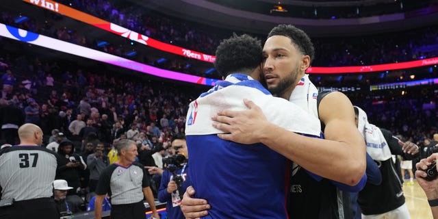 Ben Simmons, #10 of the Brooklyn Nets, and Tobias Harris, #12 of the Philadelphia 76ers, after the game on Nov. 22, 2022 at the Wells Fargo Center in Philadelphia.