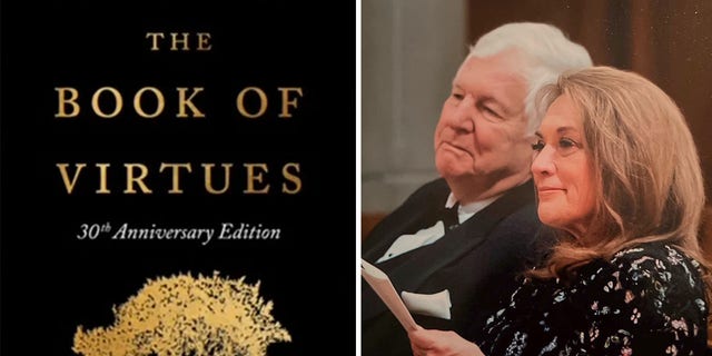 Bill Bennett and his wife, Elayne Bennett - plus a copy of their new book, "The Book of Virtues" 30th anniversary edition. 