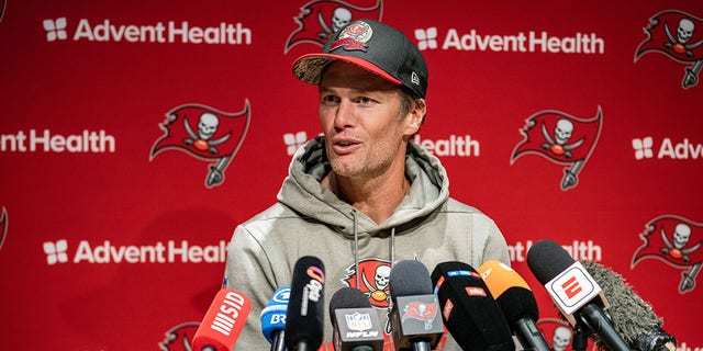 Tom Brady of the Tampa Bay Buccaneers speaks during a press conference at FC Bayern Campus Nov. 11, 2022, in Munich, Germany. 