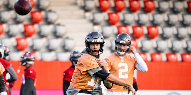 Tom Brady of the Tampa Bay Buccaneers practicing at the FC Bayern Campus Nov. 11, 2022, in Munich, Germany. 