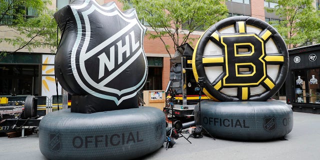 Inflatable NHL and Bruins logos in the Fan Zone before Game 2 of the 2019 Stanley Cup Finals between the Boston Bruins and the St. Louis Blues May 29, 2019, at TD Garden in Boston.