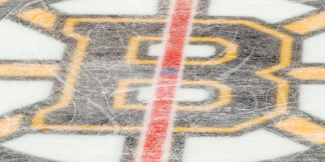 View of Boston Bruins logo at center ice in TD Garden during the Chicago Blackhawks and Boston Bruins NHL game on December 5, 2019, at TD Garden in Boston, MA.