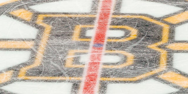 View of Boston Bruins logo on the rink during the Chicago Blackhawks and Bruins game on Dec. 5, 2019, at TD Garden in Boston.