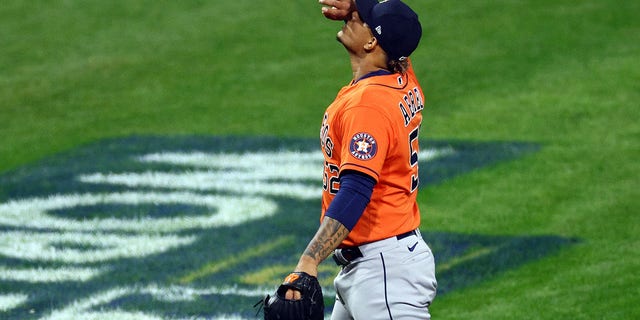 Bryan Abreu #52 of the Houston Astros reacts as he walks off the field after the end of the seventh inning against the Philadelphia Phillies in Game Four of the 2022 World Series at Citizens Bank Park on November 02, 2022 in Philadelphia, Pennsylvania. 