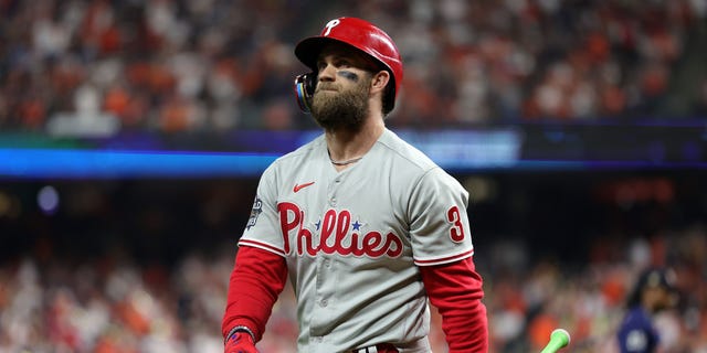 Bryce Harper of the Philadelphia Phillies reacts after striking out against the Houston Astros during the sixth inning in Game 6 of the 2022 World Series at Minute Maid Park Nov. 5, 2022, in Houston.