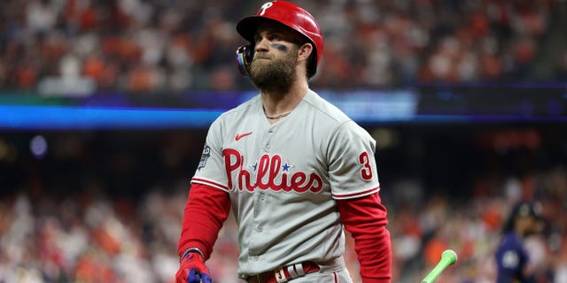 Bryce Harper #3 of the Philadelphia Phillies reacts after striking out against the Houston Astros during the sixth inning of game six of the 2022 World Series at Minute Maid Park on November 5, 2022 in Houston, Texas.