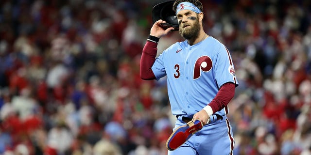 Bryce Harper #3 of the Philadelphia Phillies reacts after losing to the Houston Astros 3-2 in Game Five of the 2022 World Series at Citizens Bank Park on November 3, 2022 in Philadelphia, Pennsylvania.