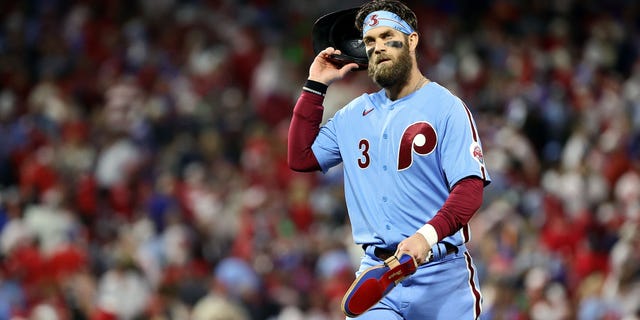 Bryce Harper #3 of the Philadelphia Phillies reacts after losing to the Houston Astros 3-2 in Game Five of the 2022 World Series at Citizens Bank Park on November 3, 2022 in Philadelphia, Pennsylvania.