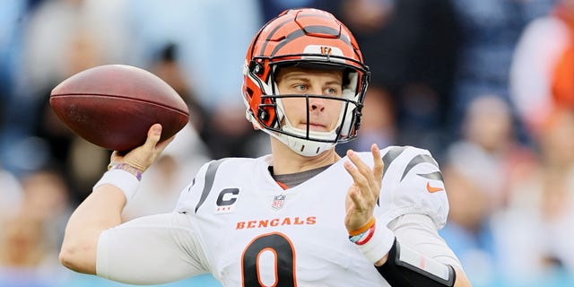 Joe Burrow, #9 of the Cincinnati Bengals, throws the ball during the first half against the Tennessee Titans at Nissan Stadium on Nov. 27, 2022 in Nashville, Tennessee.
