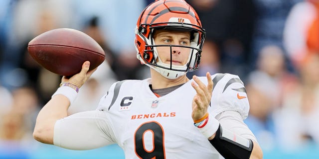 Joe Burrow, #9 of the Cincinnati Bengals, throws the ball during the first half against the Tennessee Titans at Nissan Stadium on Nov. 27, 2022 in Nashville, Tennessee.