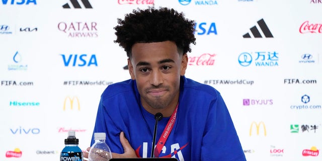 Tyler Adams of the United States attends a press conference on the eve of the Group B World Cup soccer match between England and the United States in Doha, Qatar, Nov. 24, 2022.
