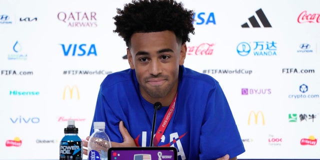 Tyler Adams of the United States attends a press conference on the eve of the Group B World Cup soccer match between England and the United States in Doha, Qatar, Nov. 24, 2022.