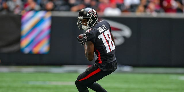 Atlanta Falcons wide receiver Calvin Ridley turns up field after catching a pass during a game against the Washington Football Team Oct. 3, 2021, at Mercedes-Benz Stadium in Atlanta.