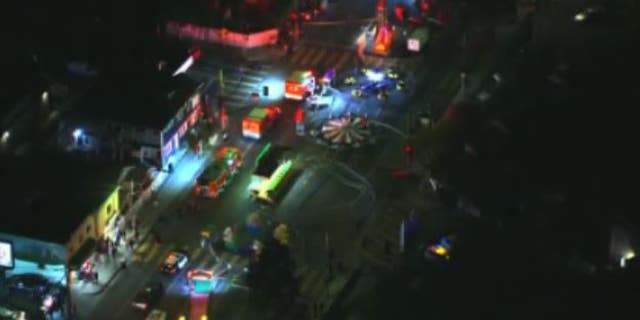 Aeriel views captured by Fox 11 LA show the scene at a carnival after a driver plowed through the event, injuring six people.