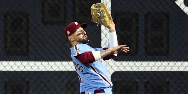 Nick Castellanos of the Philadelphia Phillies catches a fly ball for the second out of the eighth inning of Game 5 of the 2022 World Series against the Houston Astros at Citizens Bank Park Thursday, Nov. 3, 2022, in Philadelphia. 