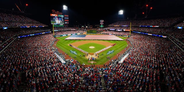 A general view during the national anthem before Game 3 of the 2022 World Series between the Houston Astros and the Philadelphia Phillies at Citizens Bank Park on Tuesday, November 1, 2022, in Philadelphia, Pennsylvania. 