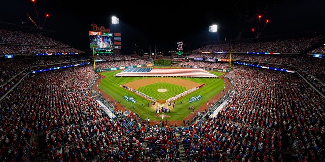 A general view during the national anthem before Game 3 of the 2022 World Series between the Houston Astros and the Philadelphia Phillies at Citizens Bank Park on Tuesday, November 1, 2022, in Philadelphia, Pennsylvania.
