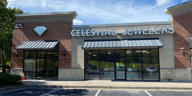A Google Earth image shows the exterior of Celestial Jewelers in Acwoth, Georgia.