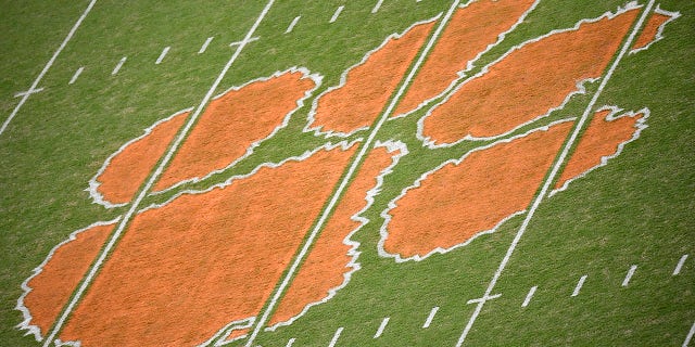 A view of the Clemson Tigers' paw logo at midfield during the Tigers' game against the Boston College Eagles at Memorial Stadium Oct. 26, 2019, in Clemson, S.C.