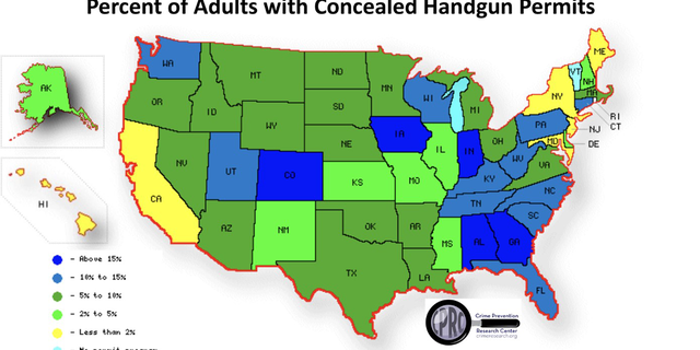 Map created by the Crime Prevention Research Center shows percentages of adults in each state with concealed handgun permits. 