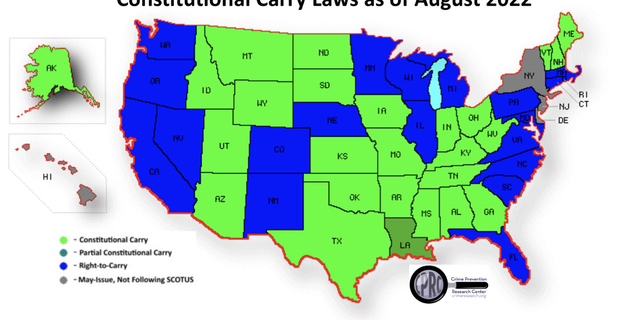 A map created by the Crime Prevention Research Center shows constitutional carry laws by state. 