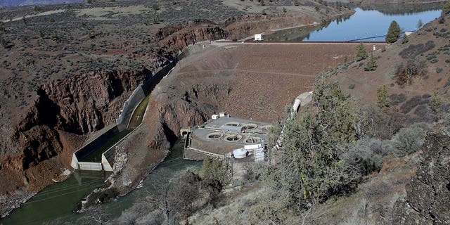 The Iron Gate Dam, powerhouse and spillway is seen on the lower Klamath River near Hornbrook, California, on March 3, 2020. 