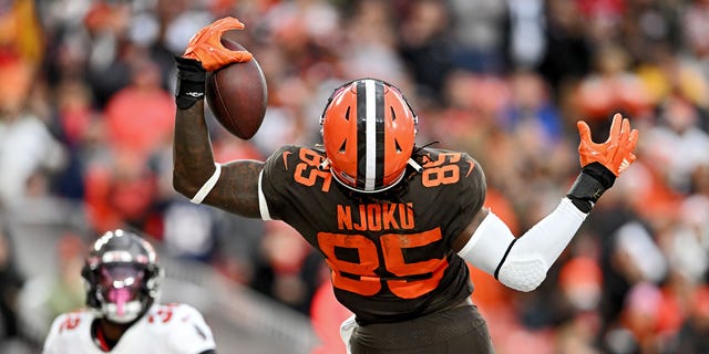 David Njoku of the Cleveland Browns catches the ball for a touchdown against the Tampa Bay Buccaneers during the second half at FirstEnergy Stadium on Nov. 27, 2022, in Cleveland.