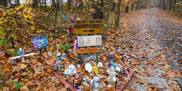 A makeshift shrine to the two teenage victims of a 2017 Delphi, Indiana double homicide that made national headlines.