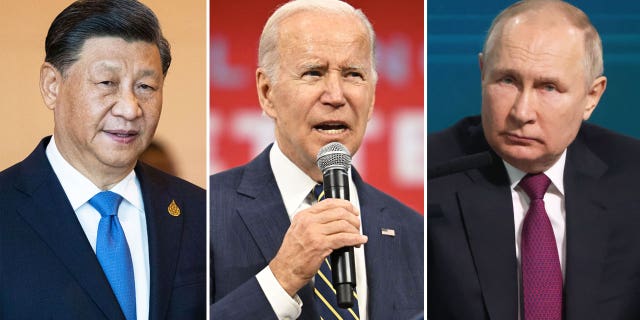 Chinese President Xi Jinping (left), American President Joe Biden (center), and Russian President Vladimir Putin (right).