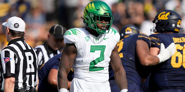 DJ Johnson, #2 of the Oregon Ducks, reacts after sacking the quarterback against the California Golden Bears during the second quarter of an NCAA football game at FTX Field at California Memorial Stadium on Oct. 29, 2022 in Berkeley, California.