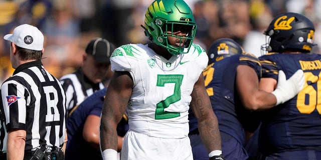 DJ Johnson #2 of the Oregon Ducks reacts after sacking the quarterback against the California Golden Bears during the second quarter of an NCAA football game at FTX Field at California Memorial Stadium on October 29, 2022 in Berkeley , california.