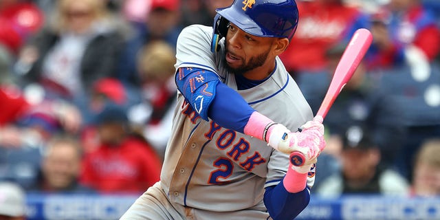 Dominic Smith of the New York Mets in action against the Philadelphia Phillies at Citizens Bank Park May 8, 2022, in Philadelphia. 