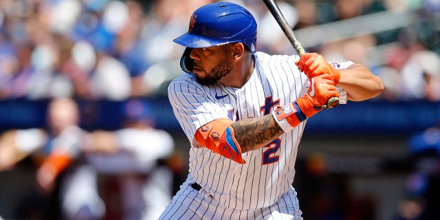 Dominic Smith of the New York Mets in action against the Texas Rangers at Citi Field July 3, 2022, in New York City.