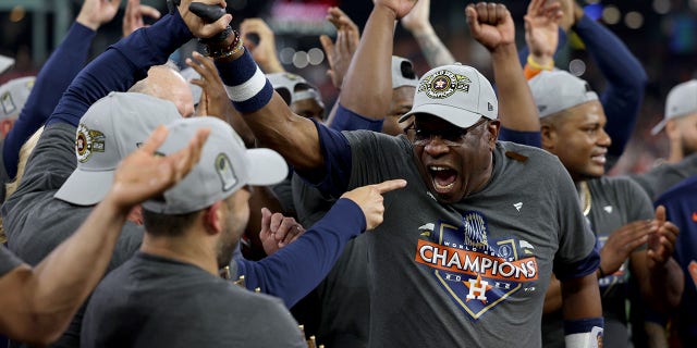 Manager Dusty Baker of the Houston Astros celebrates after defeating the Philadelphia Phillies in Game 6 to win the World Series, Nov. 5, 2022, at Minute Maid Park in Houston.